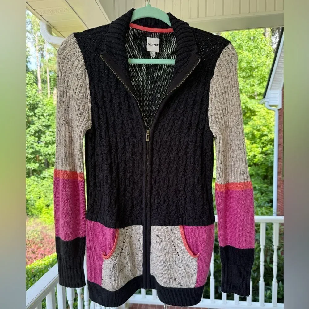 Nic & Zoe Fireside Zip Up Cardigan. Navy, Pink & Cream. Size XS. Great Condition